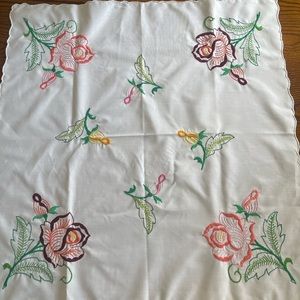 Rose embroidered tea table cloth ~32” square